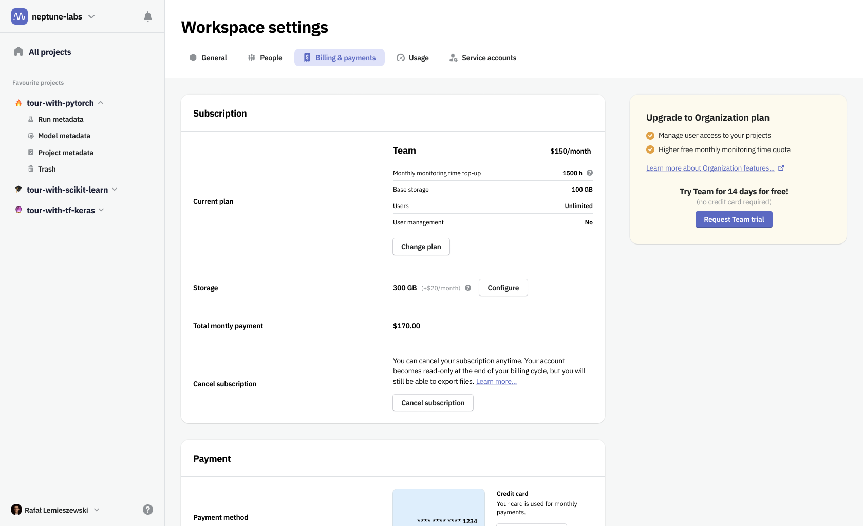 Workspace billing and payments settings